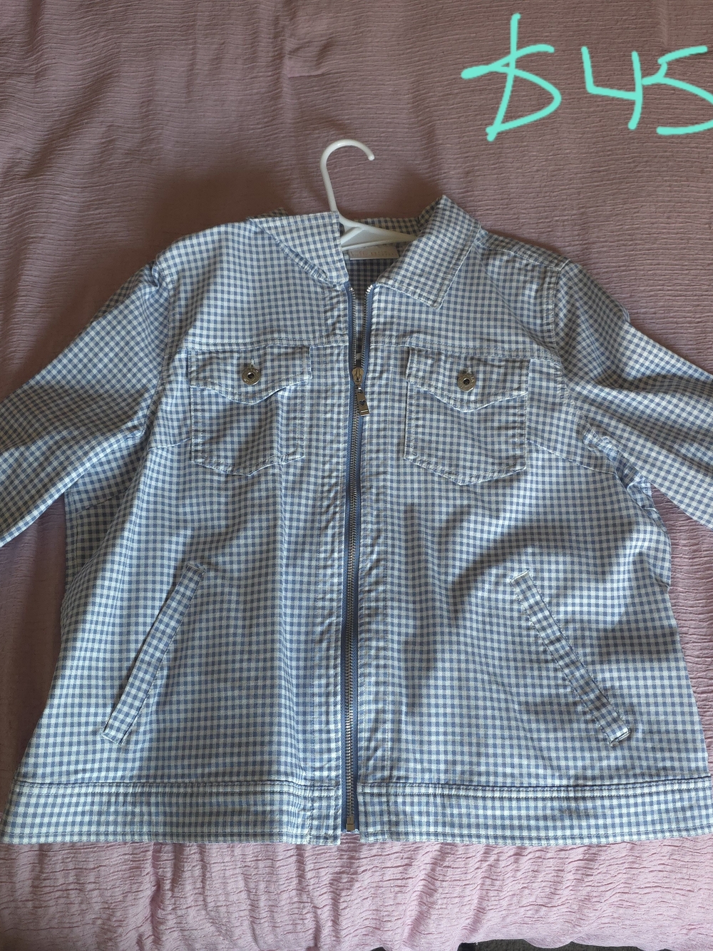 Belle by Kim Gravel Blue and White Gingham Zip Jacket